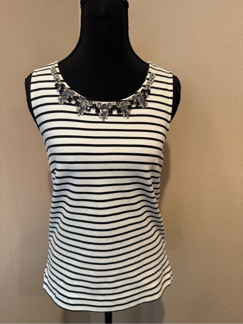 J. Crew Black & White Striped Jewel Embellished Neck Tank